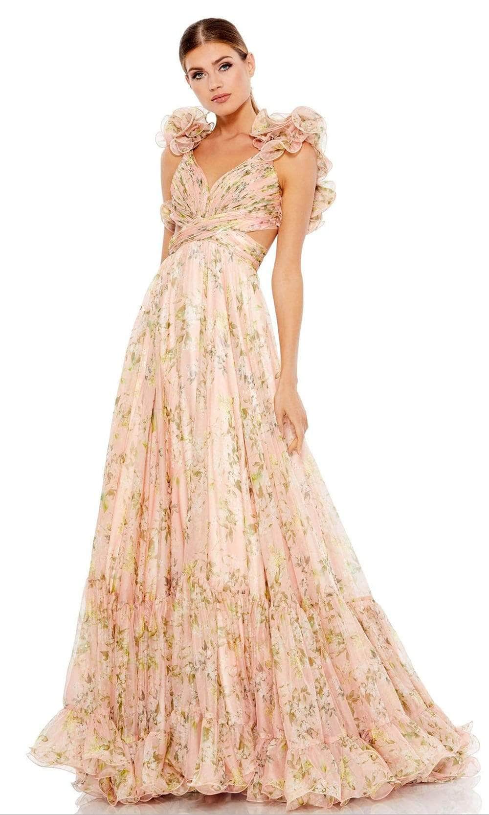 mac duggal floral prom dress Mac Duggal Women's Plunge Neck Ballgown With Floral Mikado Skirt - Black - Size 16