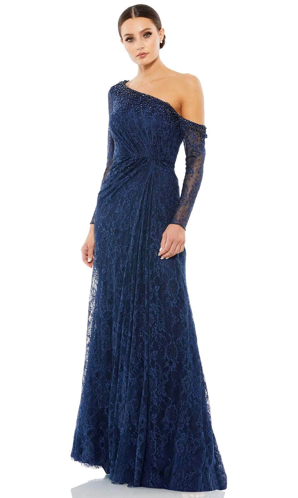Mac Duggal Draped Jewel-encrusted Lace Gown - Navy Mac Duggal Draped Jewel-encrusted Lace Gown - Navy