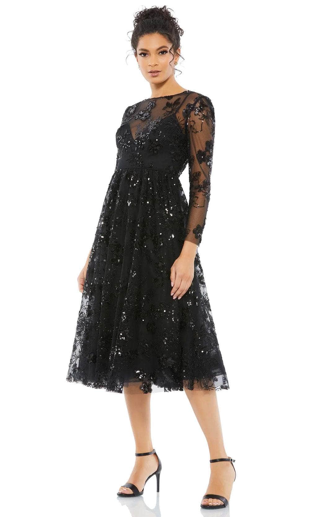 mac duggal long-sleeve tea-length floral applique cocktail dress Tea Length Long Sleeve Formal Dress Tea Length & Long Sleeves Mac Duggal 5716