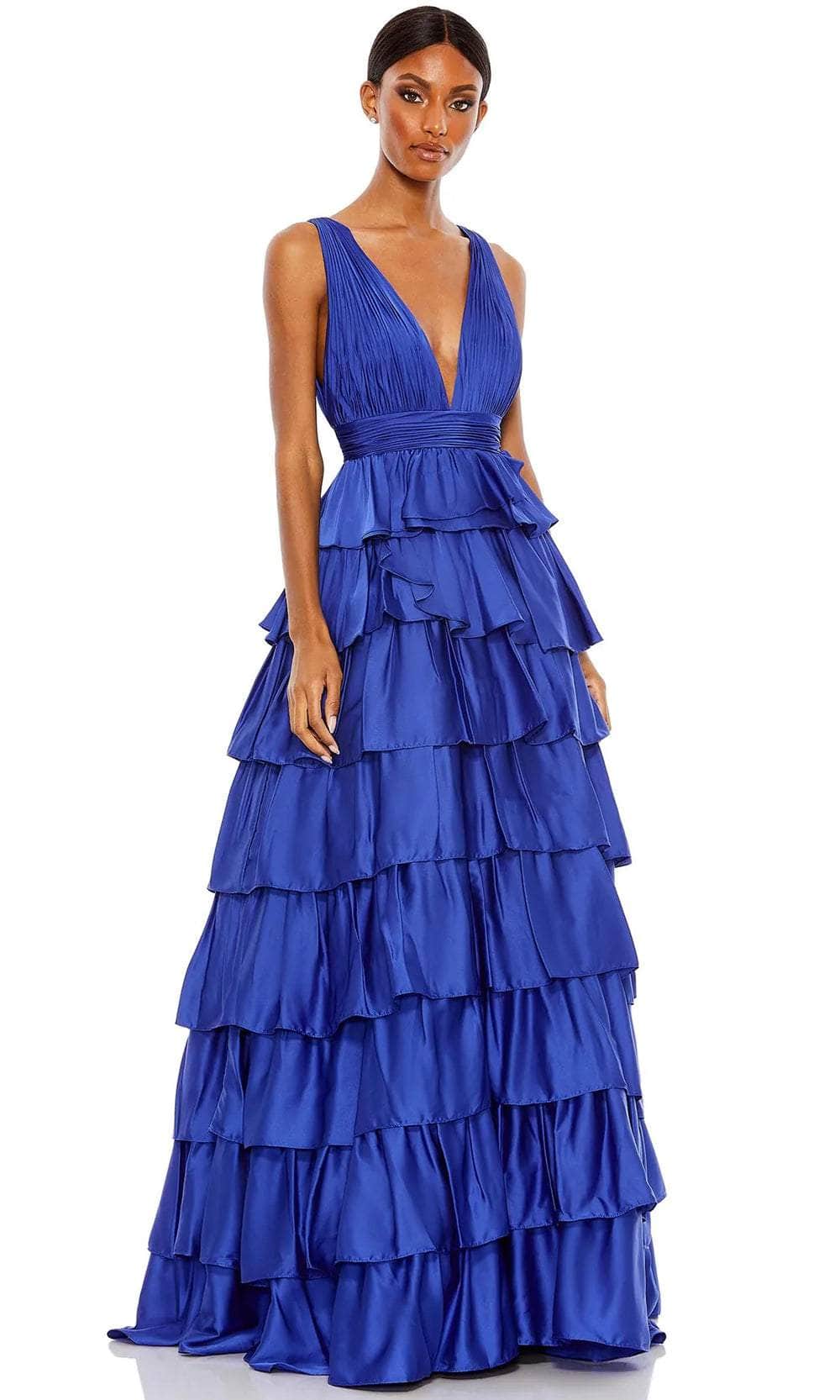 Mac Duggal 67994 - Long Satin A-Line Dress - Wide Strap, Ruched, Ruffled Tiered, V-Back, Back Zipper, Full Length ADASA Mac Duggal 67994 - Long Satin A-Line Dress - Wide Strap, Ruched, Ruffled Tiered, V-Back, Back Zipper, Full Length ADASA