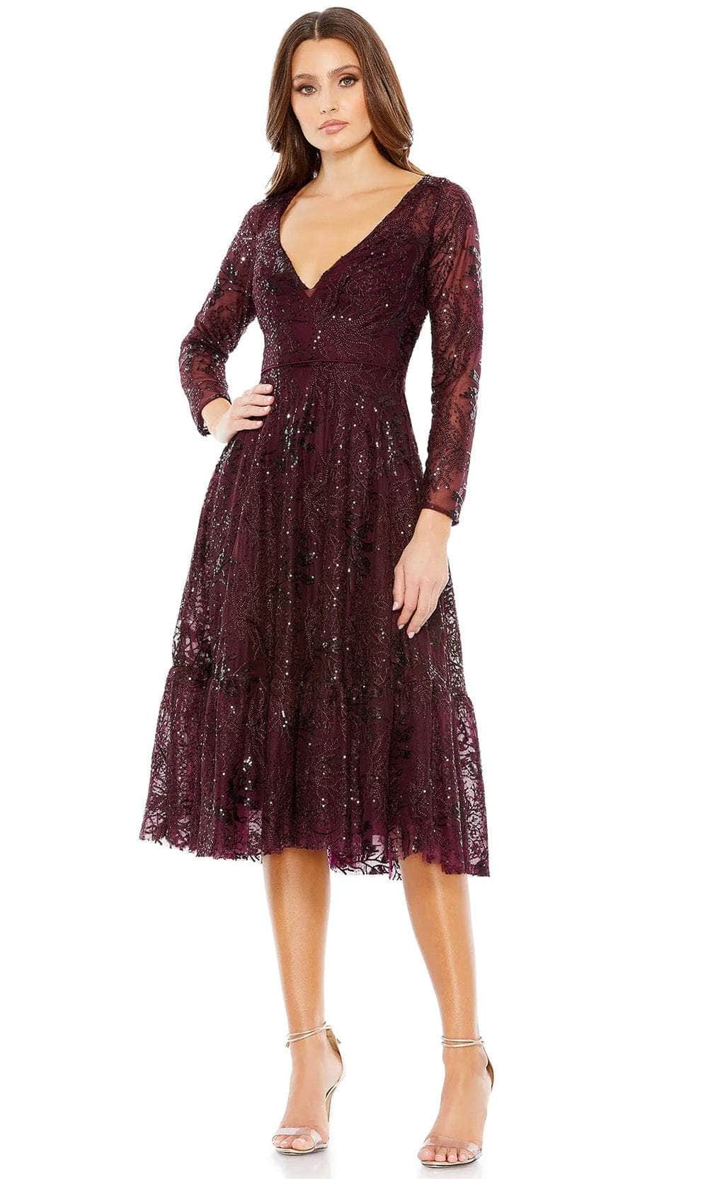 Mac Duggal 68001 - Tea Length Floral Embroidered A-Line Dress - Long Sleeve, Lace, Sequins, Illusion Full Back, Back Zipper, Tiered Skirt, Fit And Flare ADASA Mac Duggal 68001 - Tea Length Floral Embroidered A-Line Dress - Long Sleeve, Lace, Sequins, Illusion Full Back, Back Zipper, Tiered Skirt, Fit And Flare ADASA