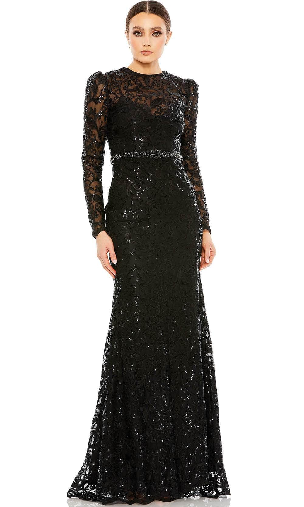 Mac Duggal 68011 - Long Embroidered Sheath Dress - Long Sleeve, Sequin, Lace Embroidery, Beaded Belt, Full Back, Back Zipper, Sweep Train ADASA Mac Duggal 68011 - Long Embroidered Sheath Dress - Long Sleeve, Sequin, Lace Embroidery, Beaded Belt, Full Back, Back Zipper, Sweep Train ADASA