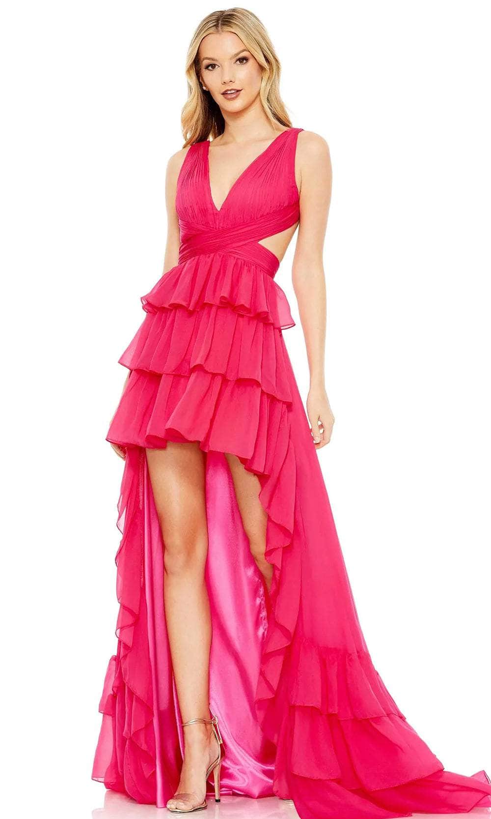 Mac Duggal 68065 - High Low Chiffon A-Line Dress - Sleeveless, Ruffled Skirt, Side Cuts, Lace-Up Tie, Back Zipper Closure, Train, High Low Hem ADASA Mac Duggal 68065 - High Low Chiffon A-Line Dress - Sleeveless, Ruffled Skirt, Side Cuts, Lace-Up Tie, Back Zipper Closure, Train, High Low Hem ADASA