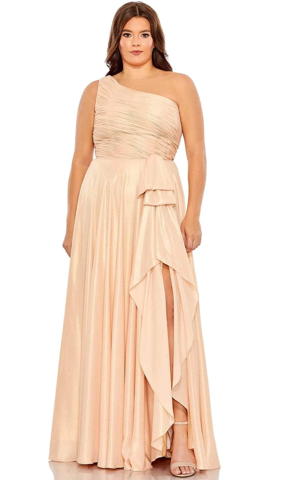 Mac Duggal 68125 - Long A-Line Dress - Sleeveless, Ruched Bodice, High Slit, Draping Sides, Shiny Fabric, Back Zipper, Floor Length, Sweep Train ADASA Mac Duggal 68125 - Long A-Line Dress - Sleeveless, Ruched Bodice, High Slit, Draping Sides, Shiny Fabric, Back Zipper, Floor Length, Sweep Train ADASA