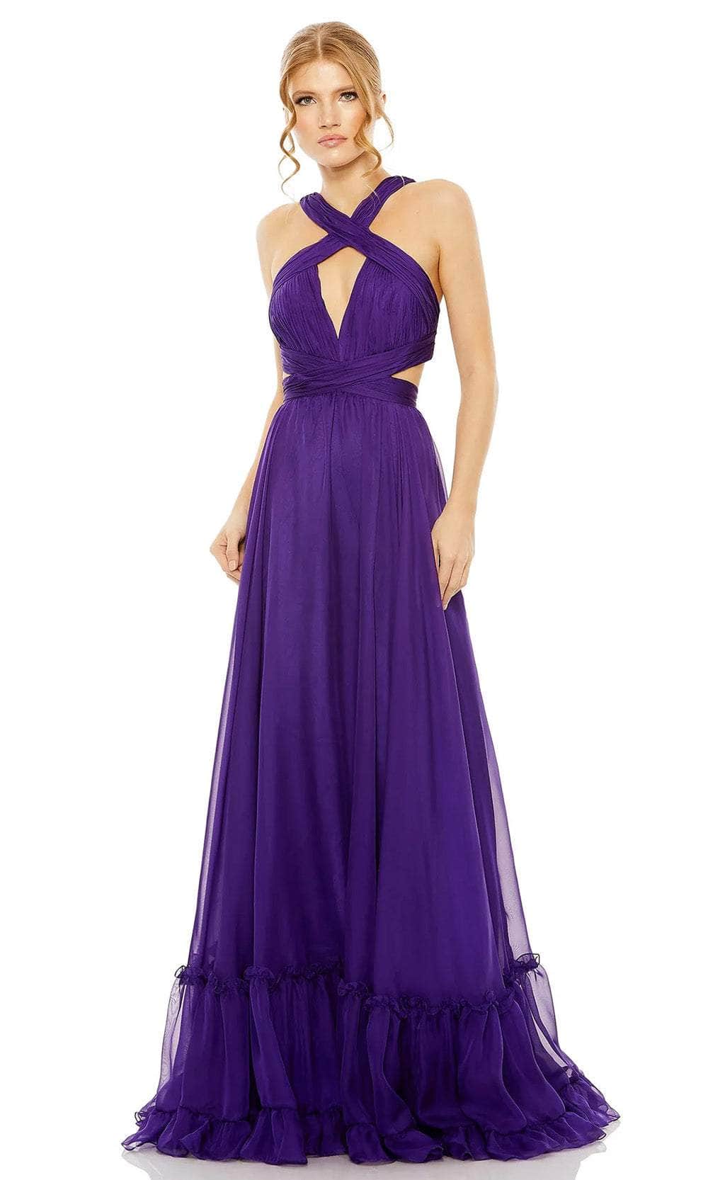 Mac Duggal 68474 - Long Chiffon Fabric A-Line Dress - Pleated Bodice, Sleeveless, Keyhole, Crisscross Neckline, Tiered Skirt, Ruffle Hem, Open Back, Strappy Back, Back Zipper Closure, Train ADASA Mac Duggal 68474 - Long Chiffon Fabric A-Line Dress - Pleated Bodice, Sleeveless, Keyhole, Crisscross Neckline, Tiered Skirt, Ruffle Hem, Open Back, Strappy Back, Back Zipper Closure, Train ADASA