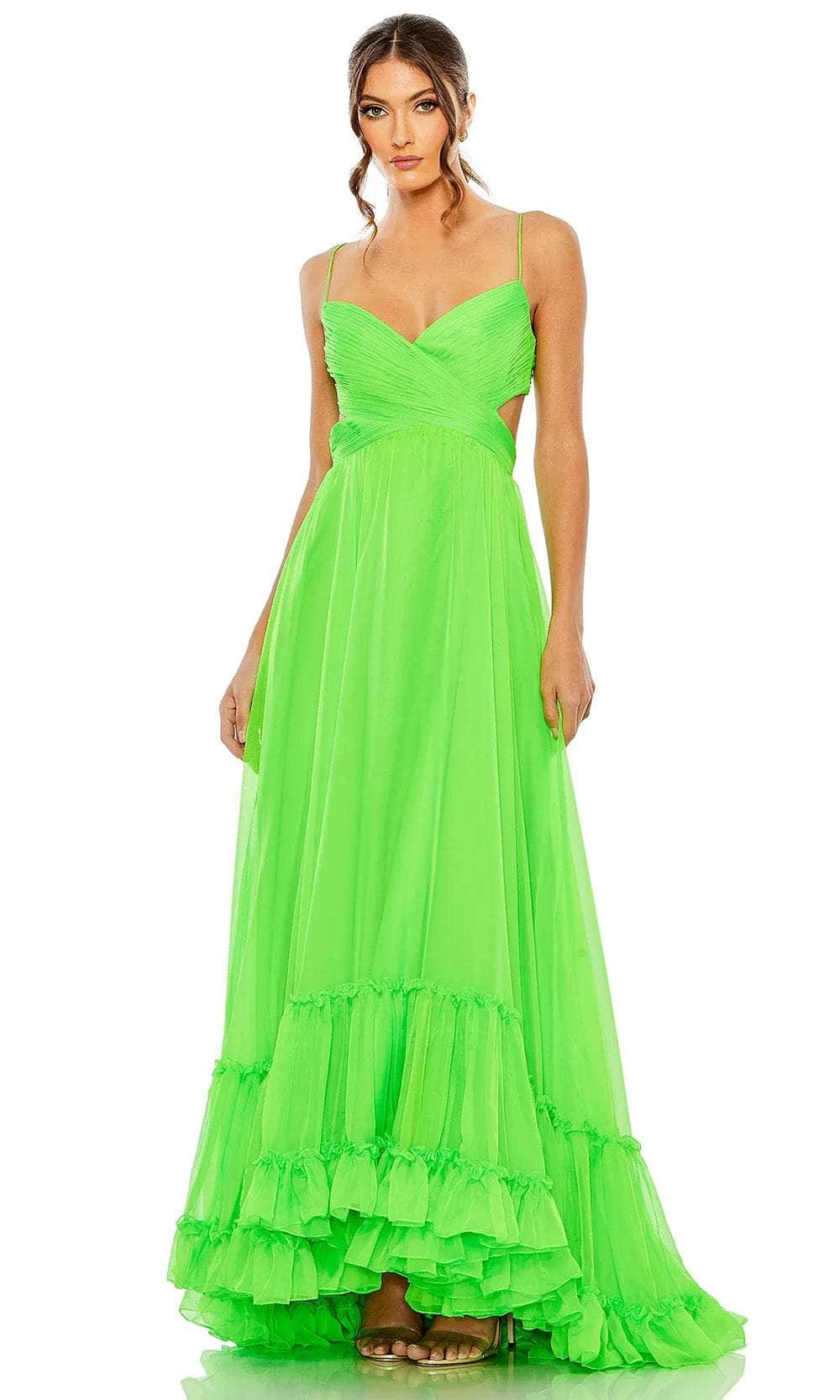 Mac Duggal - Green Ruched Tiered Spaghetti Strap Gown - Lime / US 4 Mac Duggal - Green Ruched Tiered Spaghetti Strap Gown - Lime / US 4