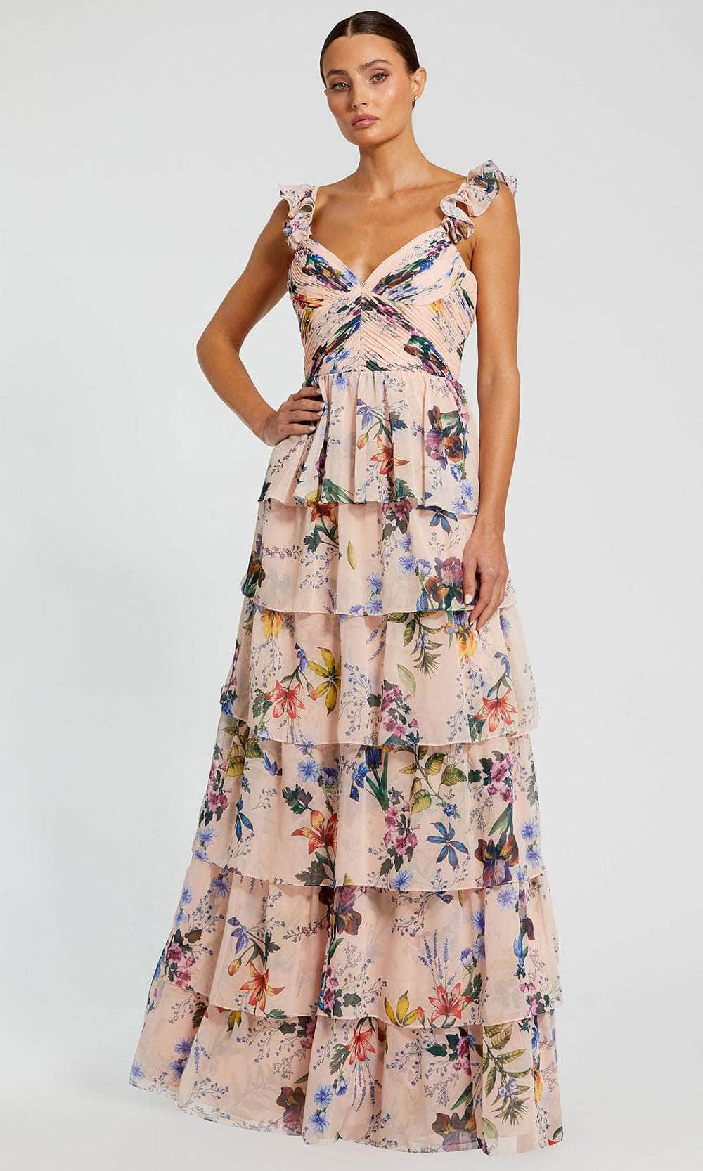 Mac Duggal Women's Ruffle Sleeveless Chiffon Tiered Floral Print Gown - Multi - Size 4