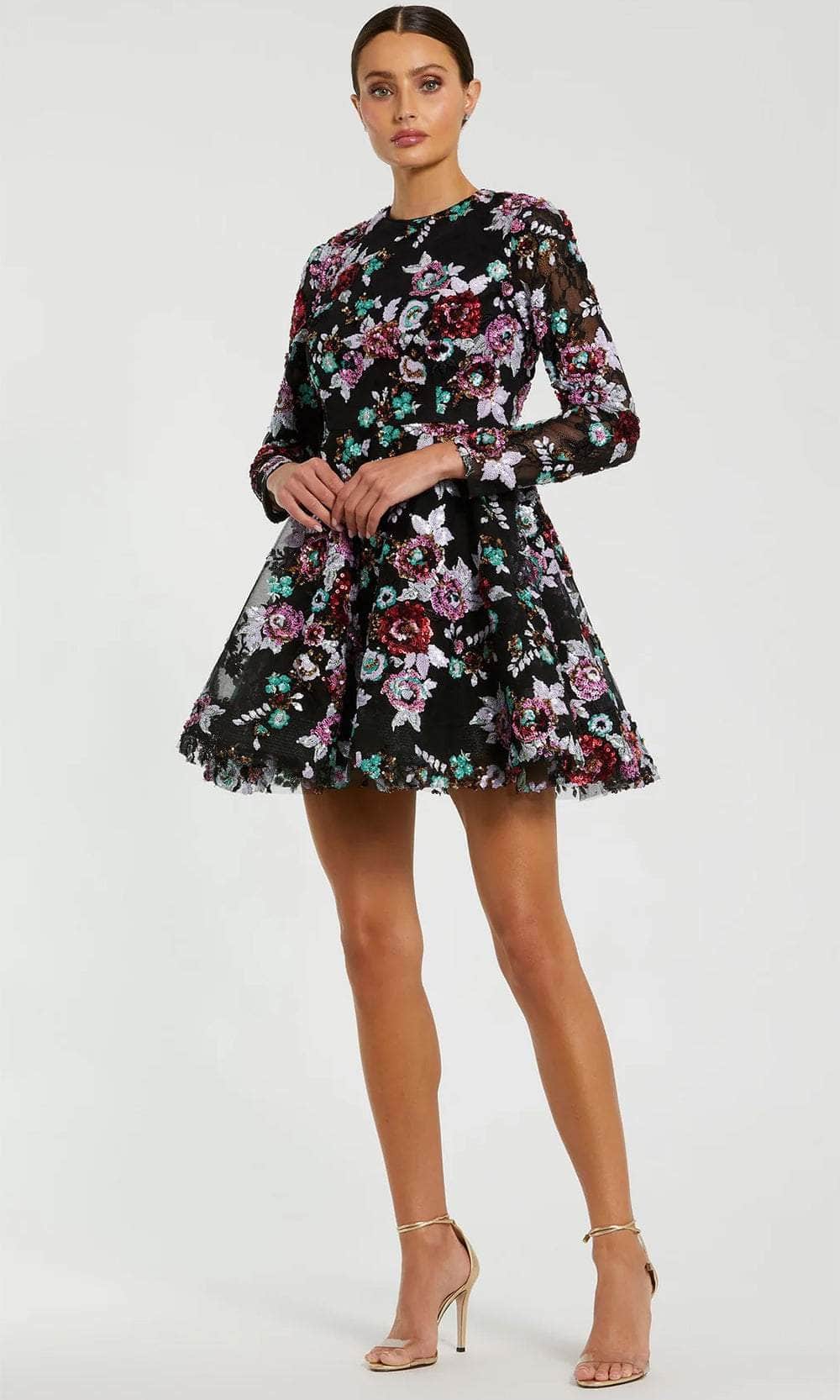 Mac Duggal 68783 - Short Hand-embellished/embroidered Tulle Overlay Fabric; 100% polyester lining A-Line Dress - Sheer Long Sleeve, Floral Embroidery, Sequins, Full Back, Fit and Flare ADASA Mac Duggal 68783 - Short Hand-embellished/embroidered Tulle Overlay Fabric; 100% polyester lining A-Line Dress - Sheer Long Sleeve, Floral Embroidery, Sequins, Full Back, Fit and Flare ADASA
