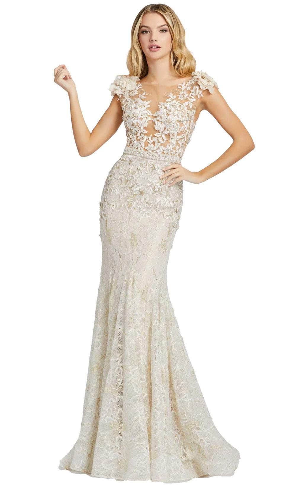 mac duggal white mermaid dress Mac Duggal Collection - Ivory Lace Mermaid Gown With Feather Sleeves