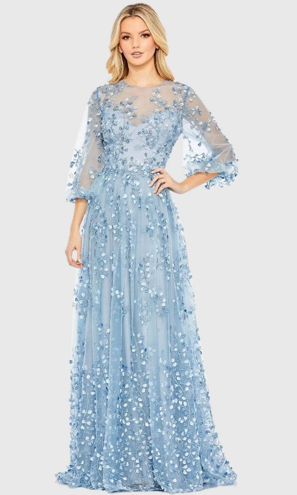 Mac Duggal - Blue Embroidered Puff Sleeve A-Line Gown - US 18 Mac Duggal - Blue Embroidered Puff Sleeve A-Line Gown - US 18