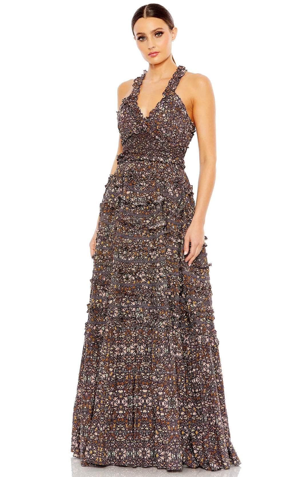 Mac Duggal 8023 - Long A-Line Dress - Sleeveless, Crisscross Back, Floral Print, Ruffle Tiered Detailing, Smocked Waist, Full Length ADASA Mac Duggal 8023 - Long A-Line Dress - Sleeveless, Crisscross Back, Floral Print, Ruffle Tiered Detailing, Smocked Waist, Full Length ADASA