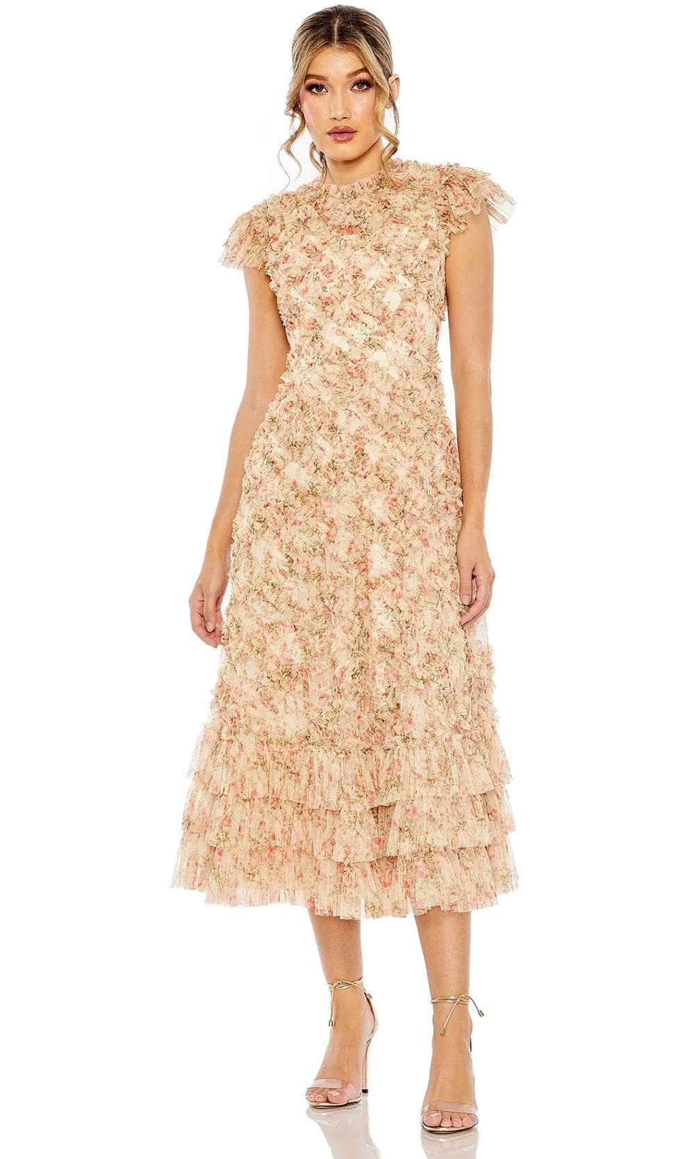 Mac Duggal 8060 - Tea Length Floral-Printed Mesh Overlay A-Line Dress - Flutter Cap Sleeve, Ruffled, Full Back, Concealed Back Zipper, Floral Print, Tiered Hem ADASA Mac Duggal 8060 - Tea Length Floral-Printed Mesh Overlay A-Line Dress - Flutter Cap Sleeve, Ruffled, Full Back, Concealed Back Zipper, Floral Print, Tiered Hem ADASA