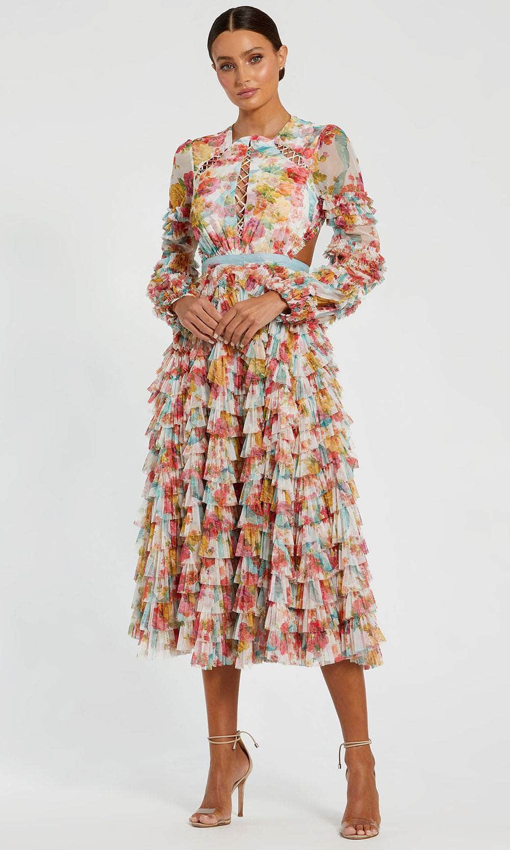 Mac Duggal - Multicolor Long Sleeve Ruffle Criss Cross Midi Dress - White Multi / US 12 Mac Duggal - Multicolor Long Sleeve Ruffle Criss Cross Midi Dress - White Multi / US 12