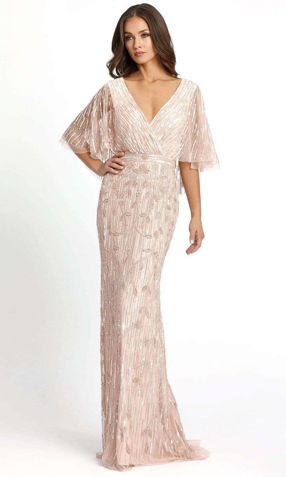 Mac Duggal - 9064 Sequined V Neck Sheath Dress Evening Dresses 0 / Blush