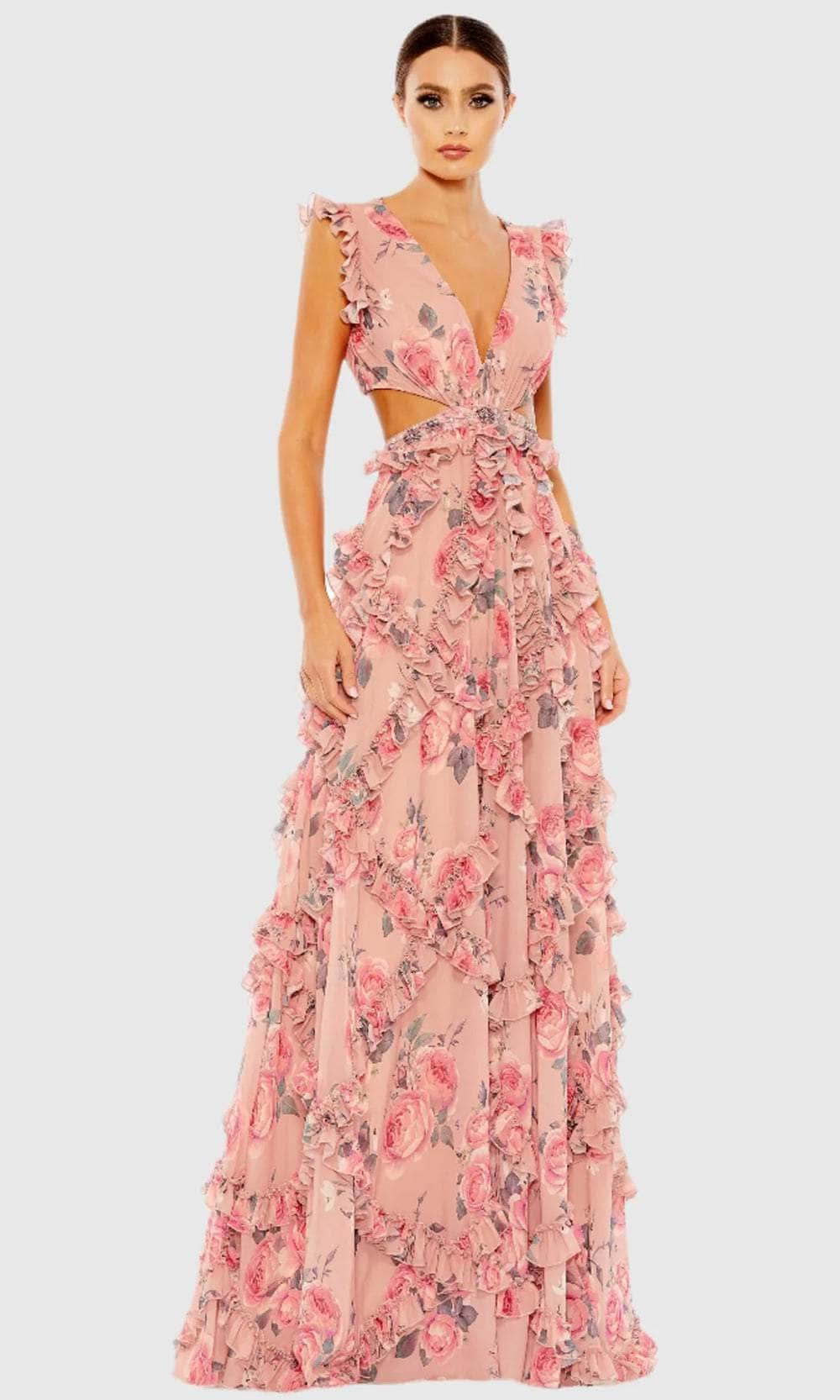 Mac Duggal Cutout Floral V-Neck Ruffled Cap Sleeve Gown, Womens, 10, Rose Multi Mac Duggal Cutout Floral V-Neck Ruffled Cap Sleeve Gown, Womens, 10, Rose Multi