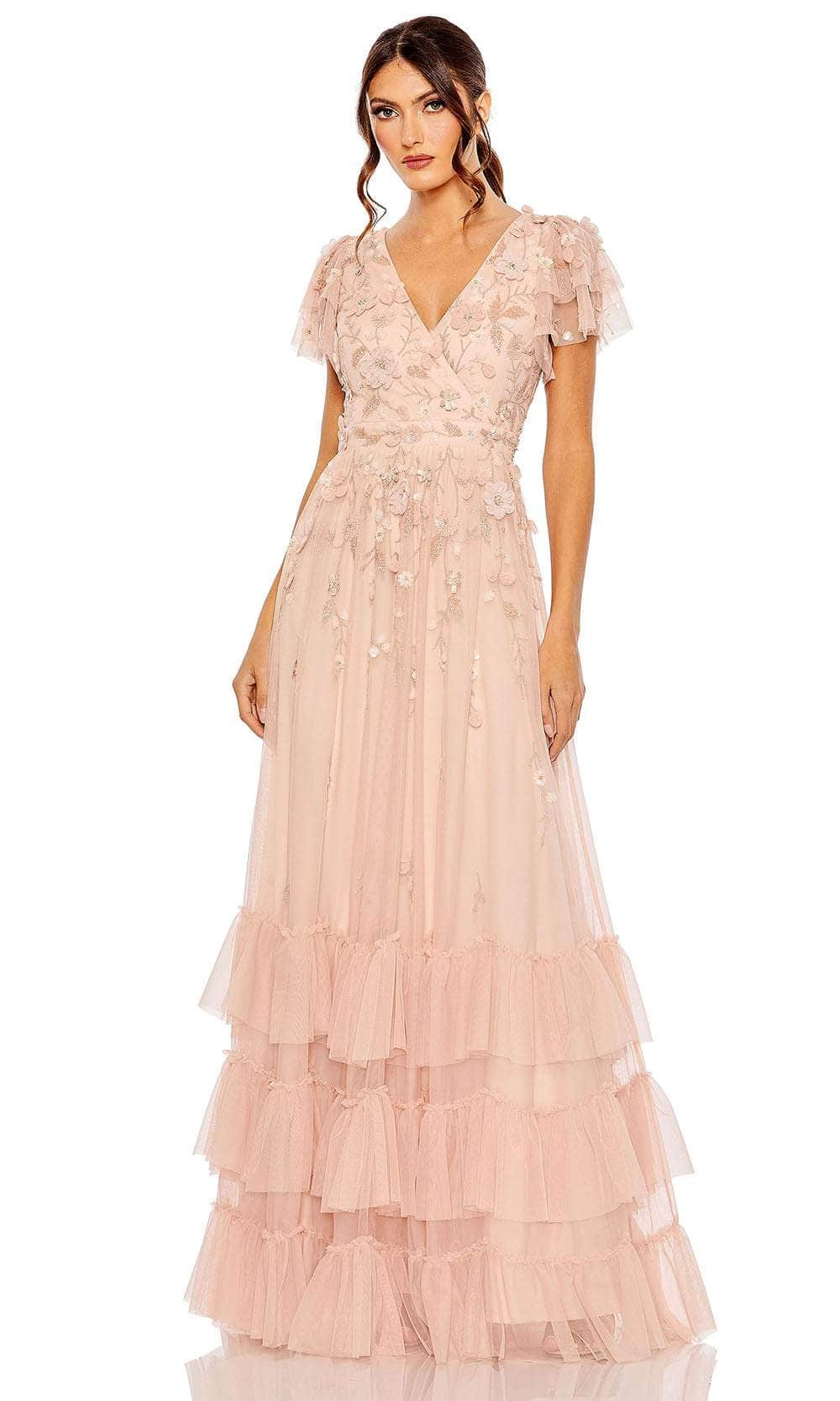 Mac Duggal Women's Ruffle Tiered Embellished Faux Wrap Flutter Sleeve - Pink - Size 8 - Blush Mac Duggal Women's Ruffle Tiered Embellished Faux Wrap Flutter Sleeve - Pink - Size 8 - Blush