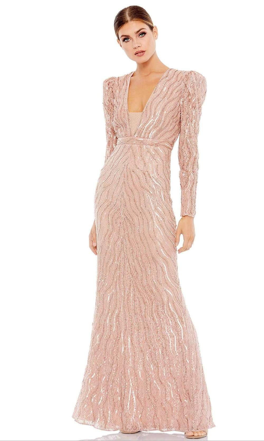 Mac Duggal 93574 - Long Beaded Column Dress - Long Sleeves, Plunging Neckline, Sheer Panel, Beads, Back Zipper, Floor Length ADASA Mac Duggal 93574 - Long Beaded Column Dress - Long Sleeves, Plunging Neckline, Sheer Panel, Beads, Back Zipper, Floor Length ADASA