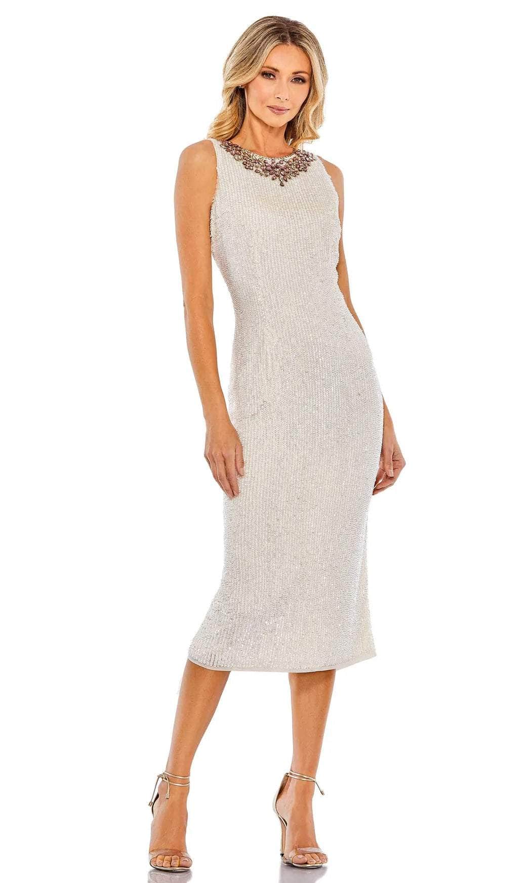 Mac Duggal - 93607 Sequined Tea Length Sheath Dress Cocktail Dresses 0 / Porcelain