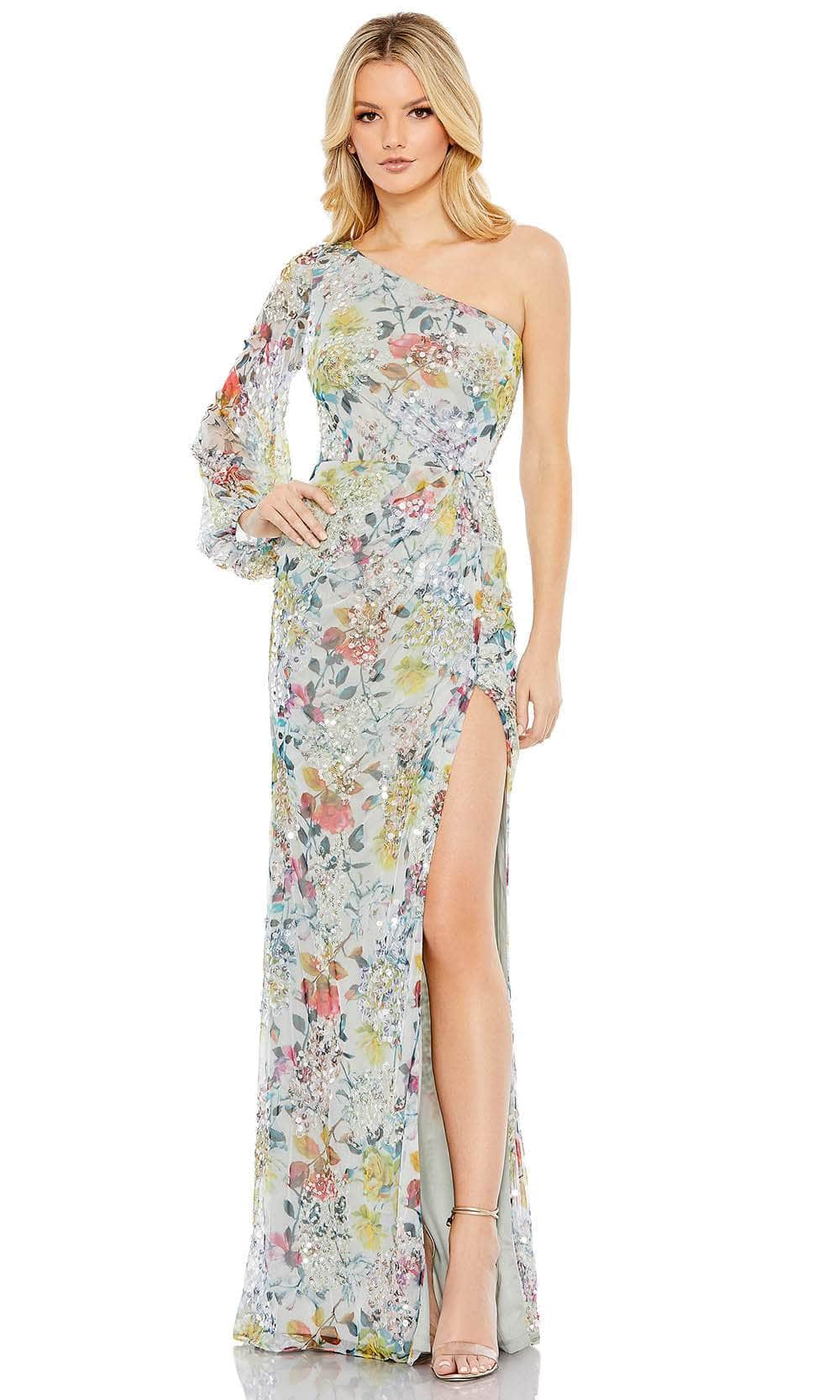 Mac Duggal 93747 - Long Floral Printed Mesh Overlay Sheath Dress - Floral, Printed, Beaded, Embellished, One-Shoulder, Long-Sleeved, Back Zipper, High-Slit, Train ADASA Mac Duggal 93747 - Long Floral Printed Mesh Overlay Sheath Dress - Floral, Printed, Beaded, Embellished, One-Shoulder, Long-Sleeved, Back Zipper, High-Slit, Train ADASA