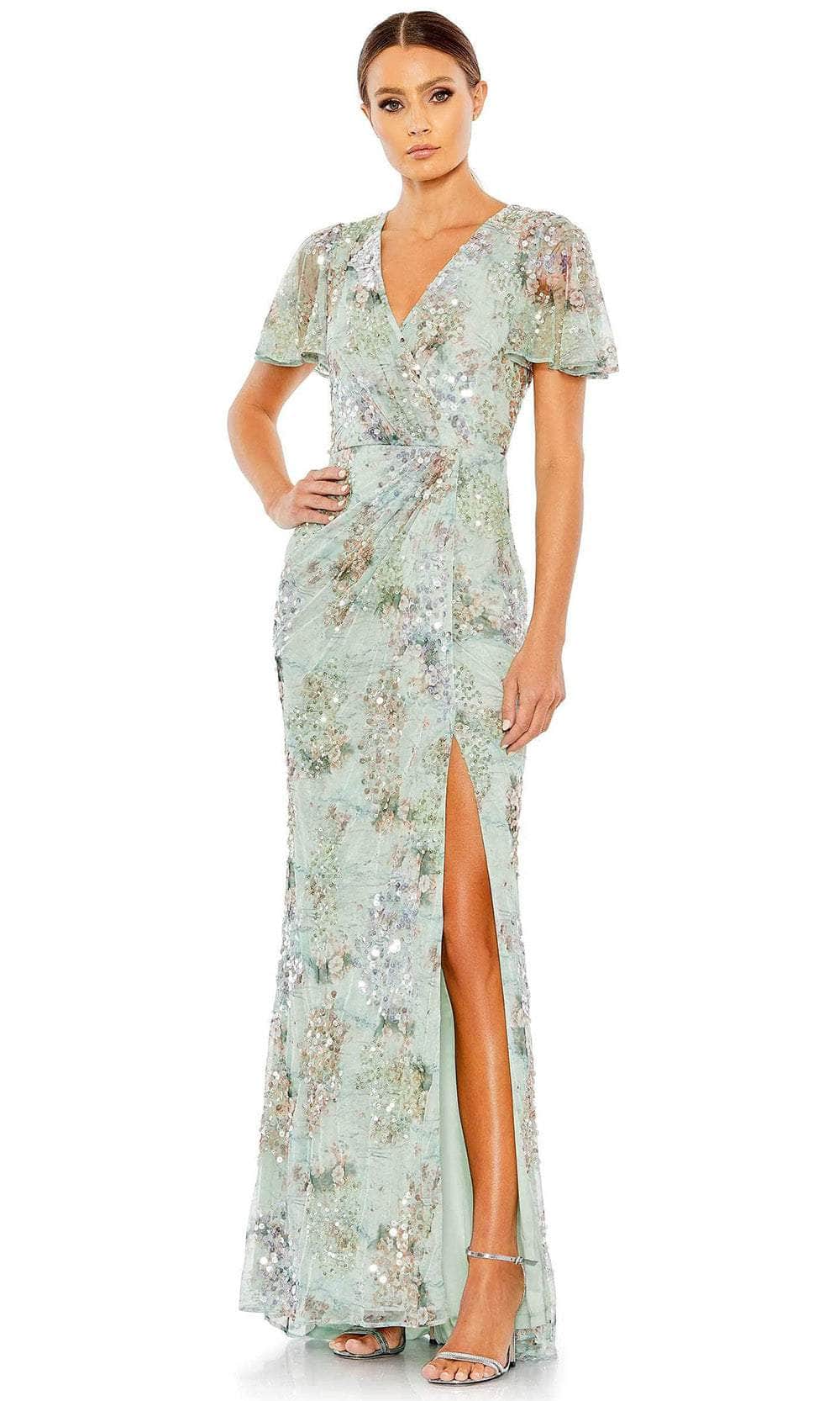 Mac Duggal 93749 - Floral Print V-Neck Evening Gown Special Occasion Dress 2 / Seamist
