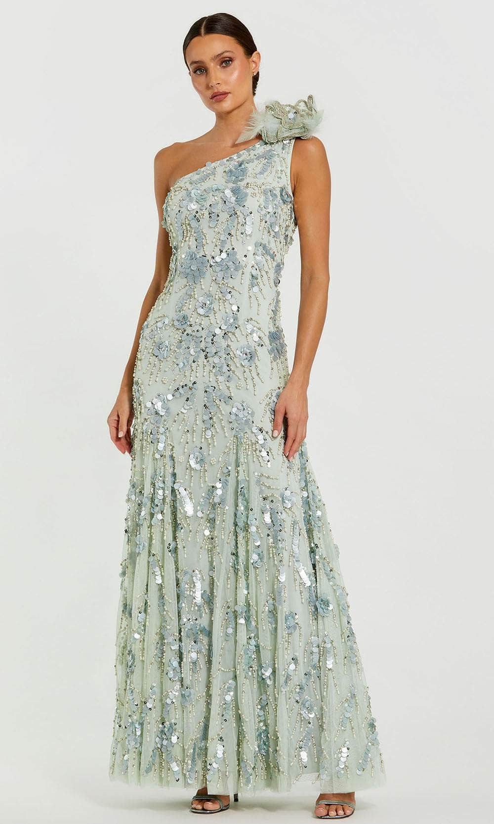 Mac Duggal Women's Evening Embellished Mesh One-Shoulder Trumpet Gown - Sage - Size 6 Mac Duggal Women's Evening Embellished Mesh One-Shoulder Trumpet Gown - Sage - Size 6