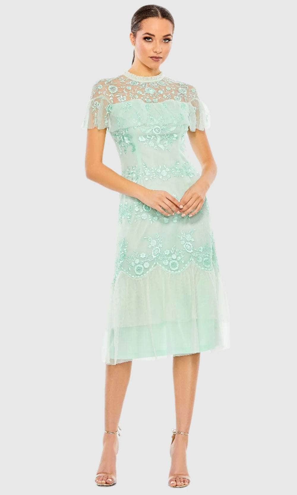 Mac Duggal A35147 - Tea Length Sheath Dress - Short Sleeve, Illusion Detail, Ruffles, Floral Embroidery, Tiered Skirt, Full Back, Fitted ADASA Mac Duggal A35147 - Tea Length Sheath Dress - Short Sleeve, Illusion Detail, Ruffles, Floral Embroidery, Tiered Skirt, Full Back, Fitted ADASA