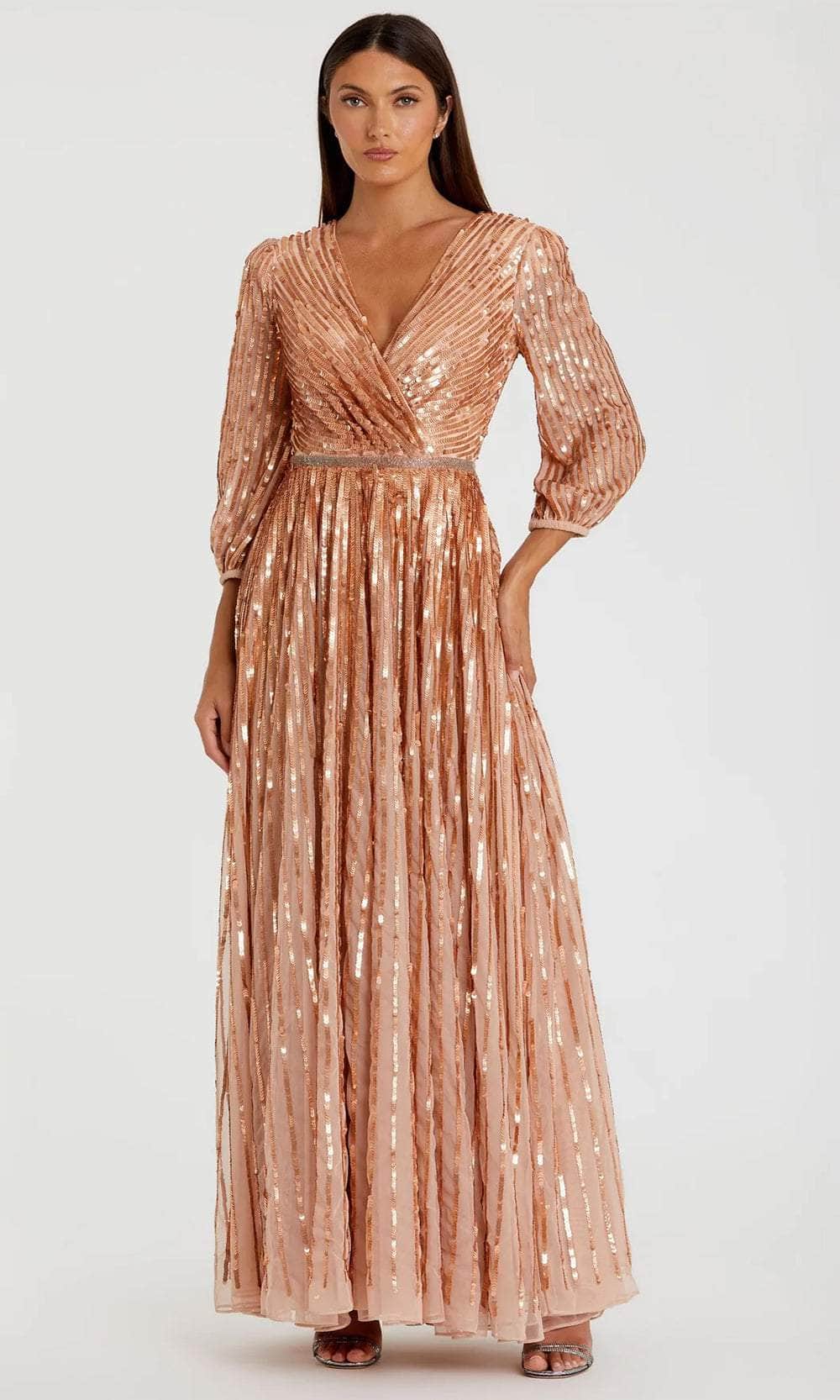 Mac Duggal A5509 - Long Sequin-embellished Mesh Fabric (100% polyester) A-Line Dress - Sequin Striped, Beaded Waist, Quarter-Length Bishop Sleeve, Full Back, Floor Length ADASA Mac Duggal A5509 - Long Sequin-embellished Mesh Fabric (100% polyester) A-Line Dress - Sequin Striped, Beaded Waist, Quarter-Length Bishop Sleeve, Full Back, Floor Length ADASA