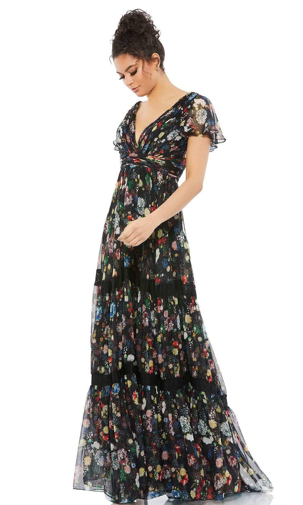 Mac Duggal 67934 - Long A-Line Dress - Short Sleeves, Plunging Neckline, Ruched, Floral, Prints, Flowy, Casual, Back Zipper, Floor Length, Sweep Train ADASA Mac Duggal 67934 - Long A-Line Dress - Short Sleeves, Plunging Neckline, Ruched, Floral, Prints, Flowy, Casual, Back Zipper, Floor Length, Sweep Train ADASA