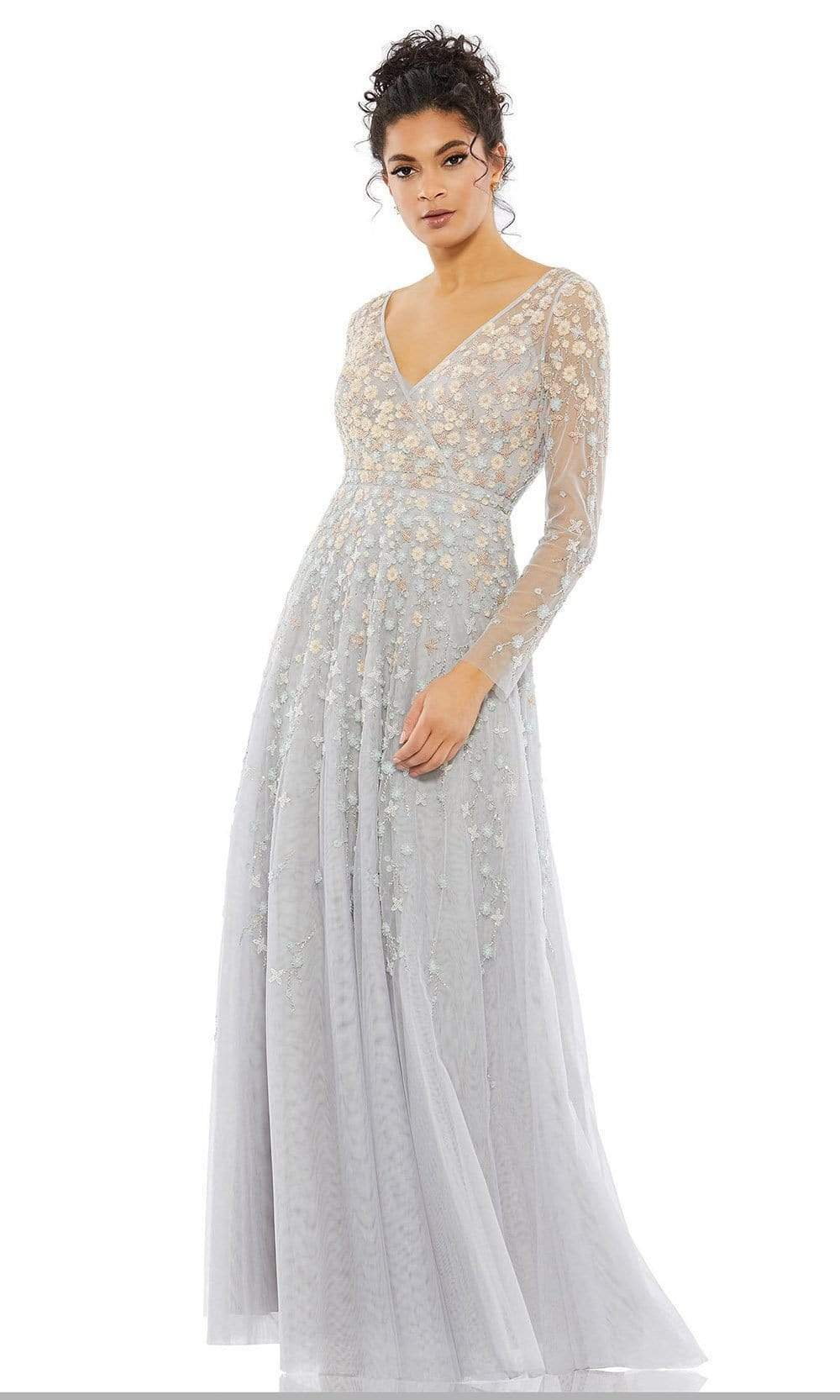 Mac Duggal 9131 - Long A-Line Dress - Long Sleeves, Sheer, Floral, Sequins, Fresh, Flowy, Back Zipper, Full Length ADASA Mac Duggal 9131 - Long A-Line Dress - Long Sleeves, Sheer, Floral, Sequins, Fresh, Flowy, Back Zipper, Full Length ADASA