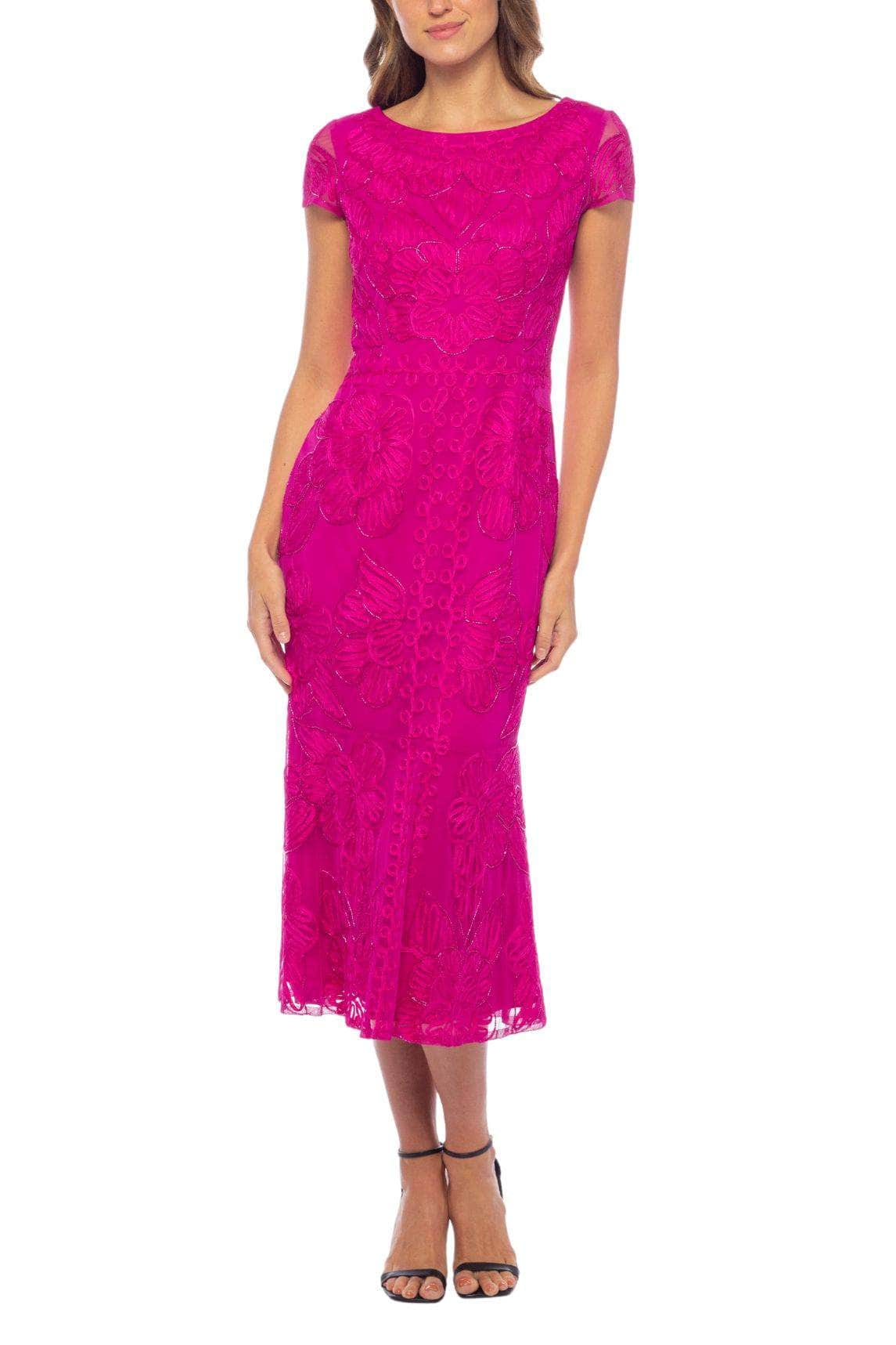 Marina 267863 Tea-Length Beaded Mesh Sheath Dress Cap Sleeves