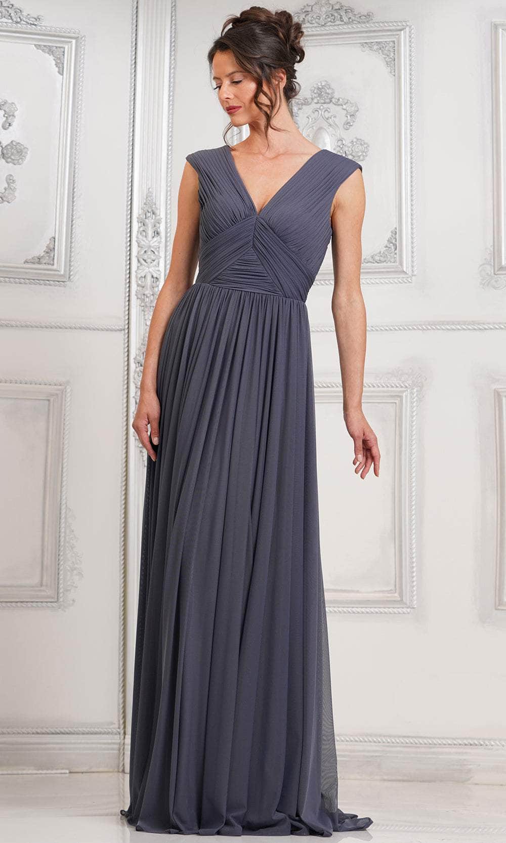 Marsoni by Colors M324 - Long Power Mesh A-Line Dress - Cap Sleeves, Ruched Bodice, Deep V-Open Back, Concealed Zipper Closure, Sweep Train ADASA Marsoni by Colors M324 - Long Power Mesh A-Line Dress - Cap Sleeves, Ruched Bodice, Deep V-Open Back, Concealed Zipper Closure, Sweep Train ADASA