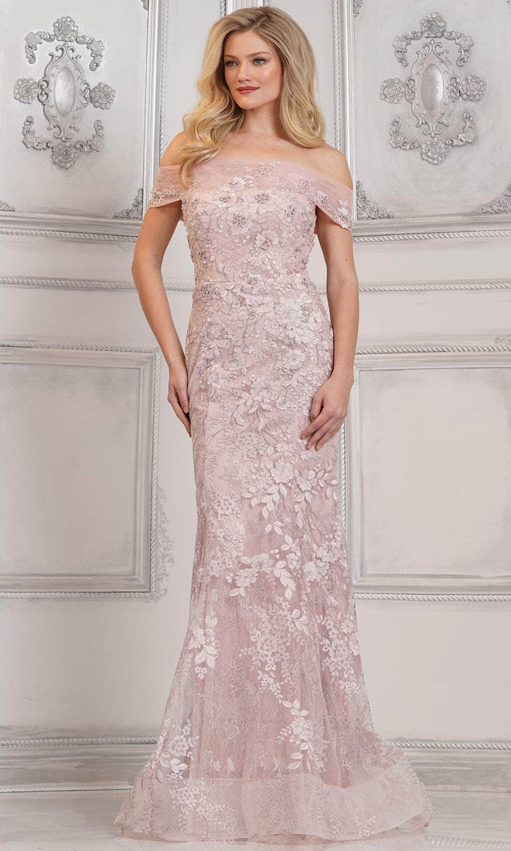 Marsoni by Colors MV1313 - Embroidered Straight-Across Neck Long Gown Prom Dresses 4 / Rose