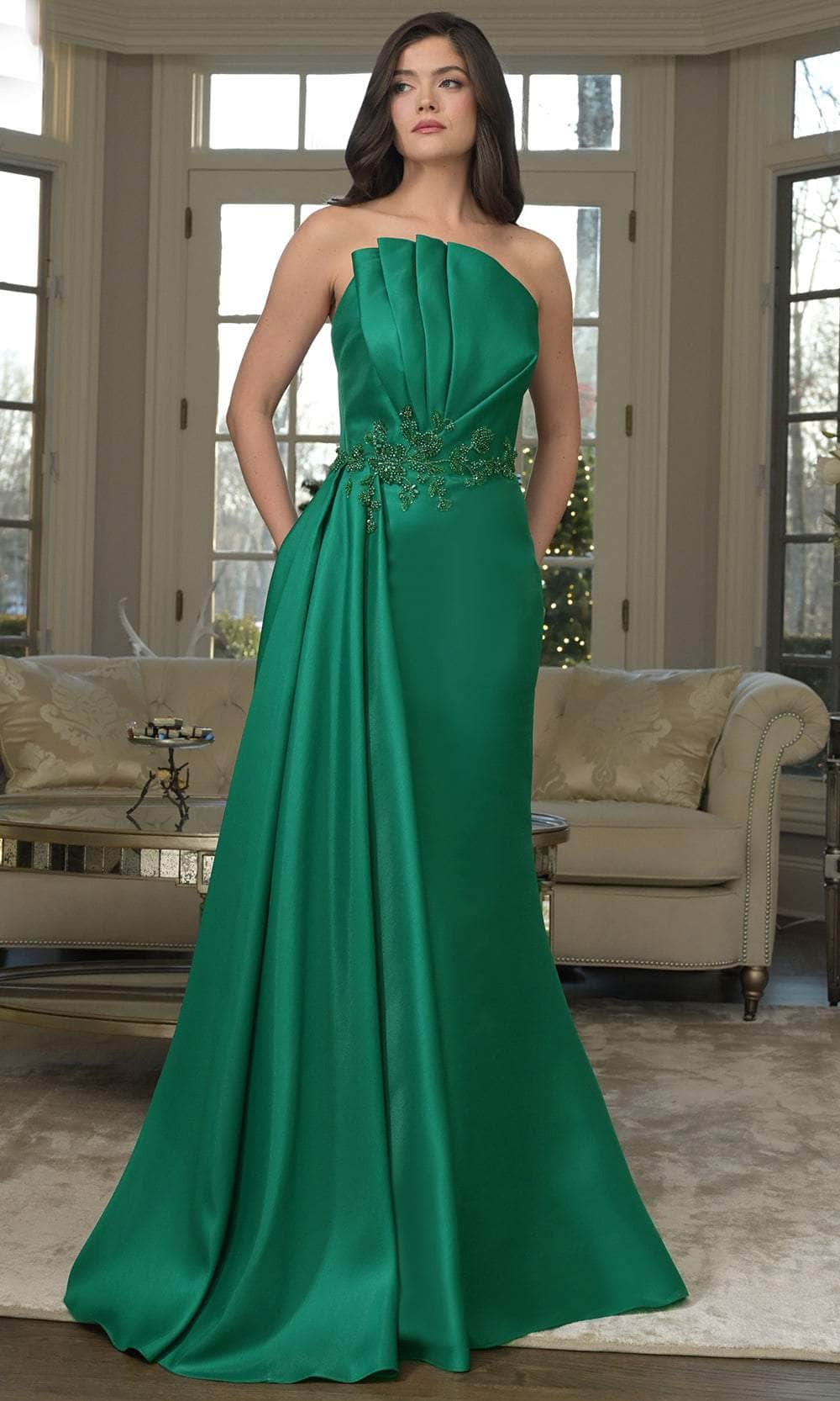 Marsoni MV1356 Beaded Applique Long Formal Evening Pleated Dress - Emerald / 12 Marsoni MV1356 Beaded Applique Long Formal Evening Pleated Dress - Emerald / 12