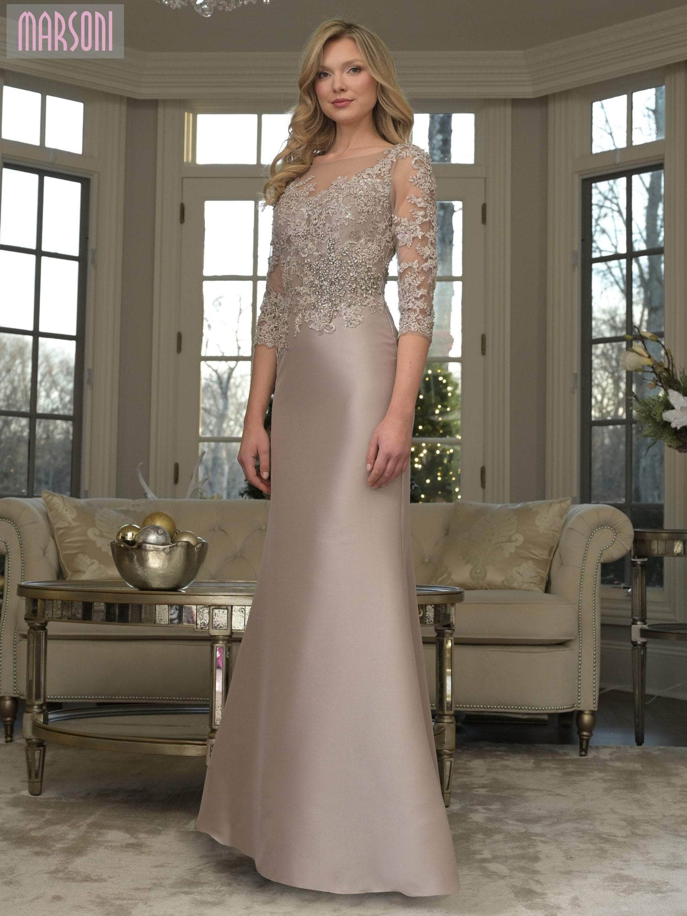 Marsoni by Colors MV1357 - Quarter Sleeve Beaded Lace Evening Gown Mother of the Bride Dresses