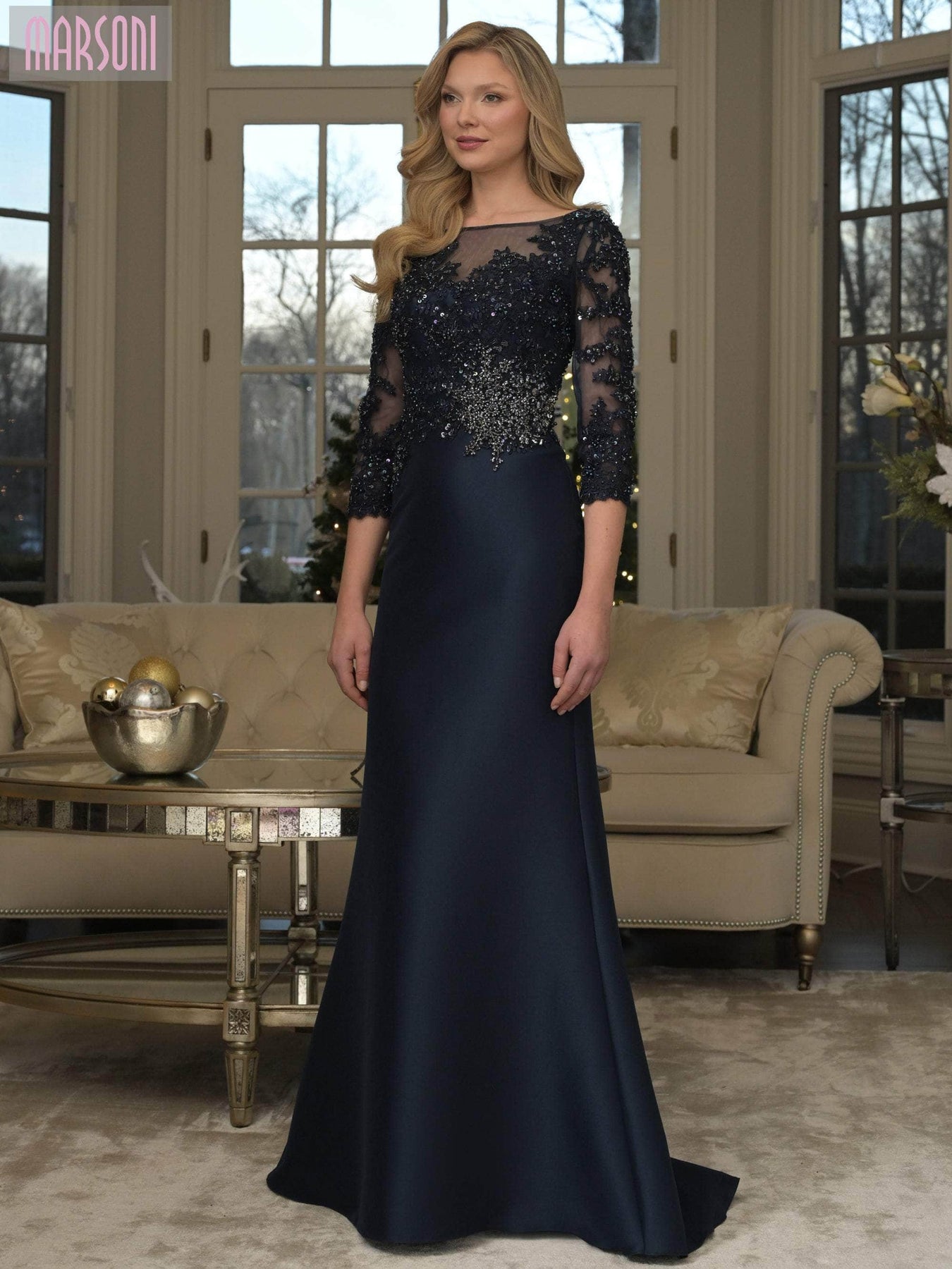 Marsoni by Colors MV1357 - Quarter Sleeve Beaded Lace Evening Gown Mother of the Bride Dresses