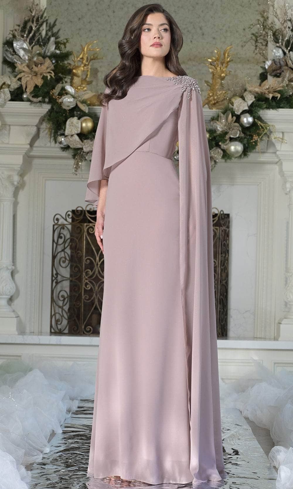 Marsoni by Colors MV1362 - Long Foiled Chiffon Sheath Dress - Cape Sleeve,  Crystal Beaded Accent, Overlay Bodice, Full Back  ADASA