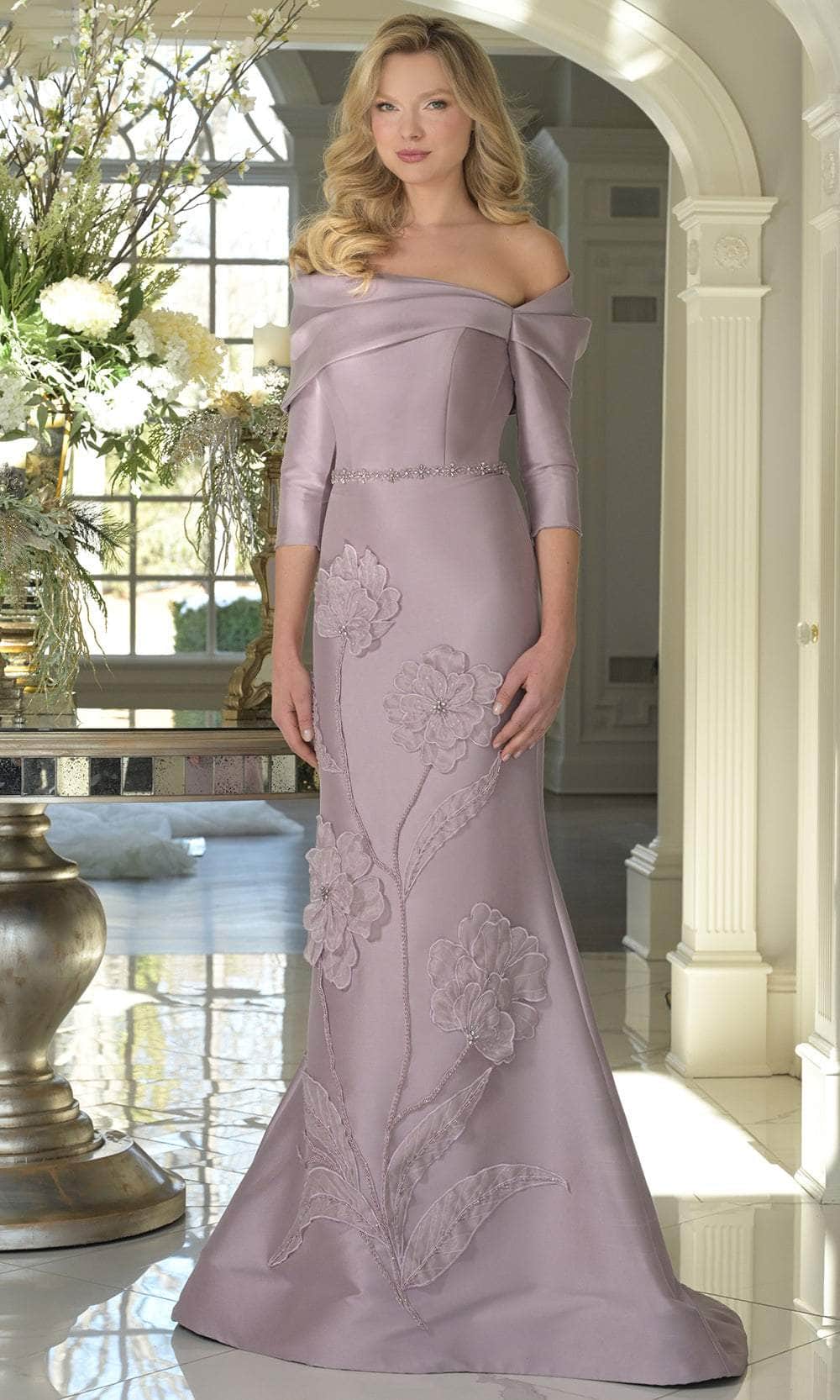 Marsoni by Colors MV1374 - Quarter Sleeve Gown with Floral Accents Mother of the Bride Dresses