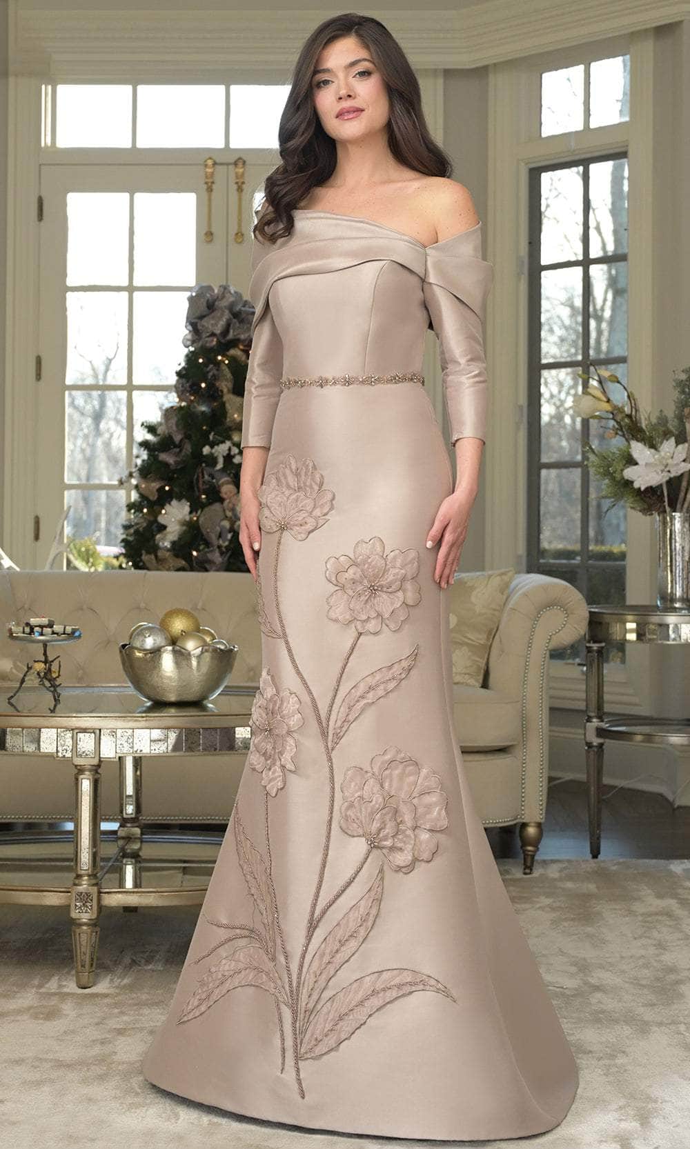Marsoni by Colors MV1374 - Quarter Sleeve Gown with Floral Accents Mother of the Bride Dresses
