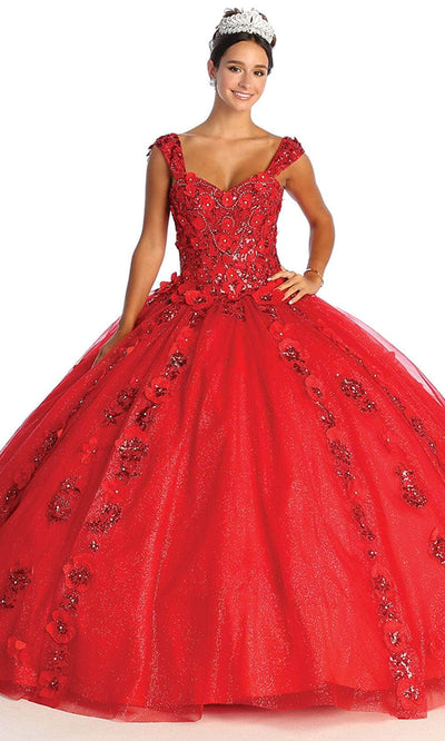 May Queen LK171 - Wide Strap Floral Glitter Ballgown Ball Gowns 4 / Red