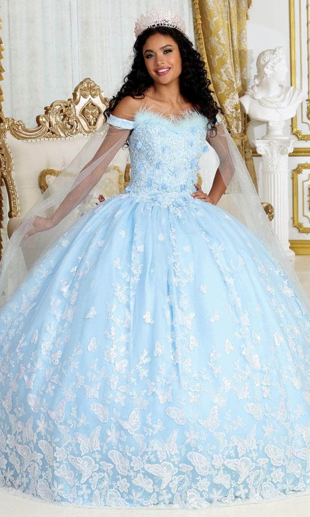 May Queen LK197 - Long Ballgown Dress - Lace Details, Beaded, Feather Accents, Corset Back, Layered Skirt, Floor Length Hem ADASA May Queen LK197 - Long Ballgown Dress - Lace Details, Beaded, Feather Accents, Corset Back, Layered Skirt, Floor Length Hem ADASA