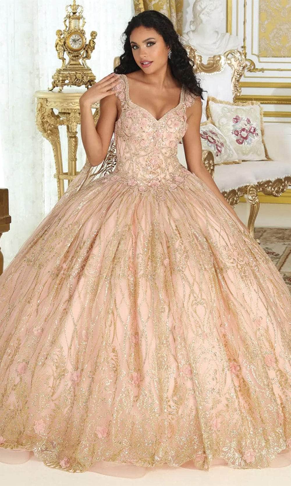 May Queen LK207 - Long Ballgown Dress - Cap Sleeves, Embellishments, Floral Appliques, Metallic Details, Corset Back, Sheer Cape, Sweep Train ADASA May Queen LK207 - Long Ballgown Dress - Cap Sleeves, Embellishments, Floral Appliques, Metallic Details, Corset Back, Sheer Cape, Sweep Train ADASA