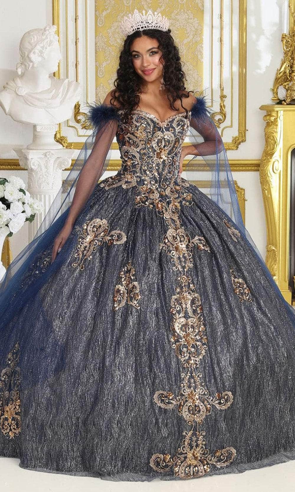 May Queen LK216 - Long Ballgown Dress - Rhinestones, Metallic Lace Appliques, Sweetheart Bodice, Feathered Cape Sleeves, Corset Back, Floor Length Hem ADASA May Queen LK216 - Long Ballgown Dress - Rhinestones, Metallic Lace Appliques, Sweetheart Bodice, Feathered Cape Sleeves, Corset Back, Floor Length Hem ADASA