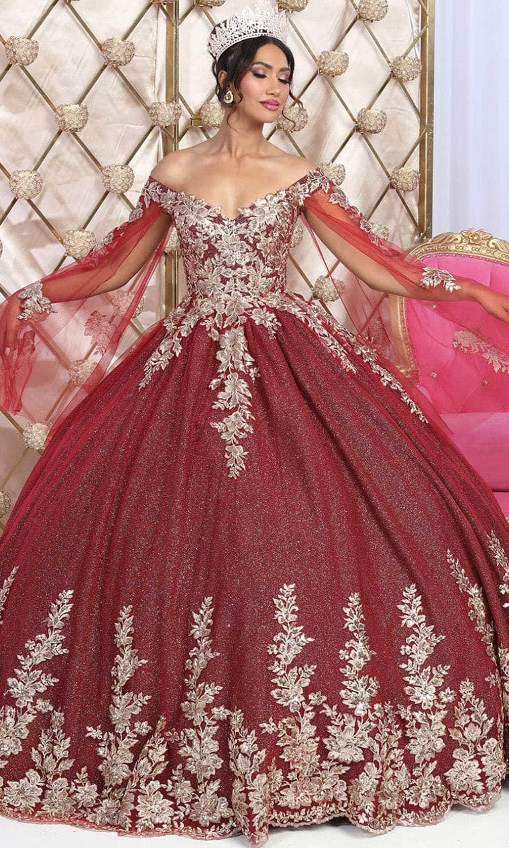 May Queen LK221 - Cape Sleeve Applique Ballgown Quinceanera Dresses 4 / Burgundy