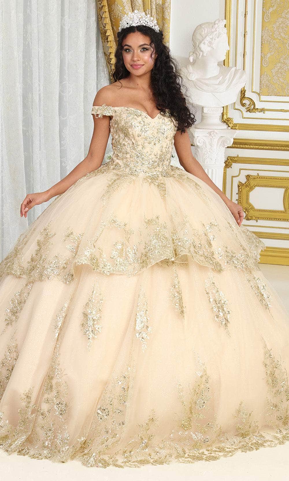 May Queen LK224 - Long Ballgown Dress - Gold Embellishments, Lace Appliques, Tiered Skirt, Corset Back, Court Train 14 / Champagne May Queen LK224 - Long Ballgown Dress - Gold Embellishments, Lace Appliques, Tiered Skirt, Corset Back, Court Train 14 / Champagne