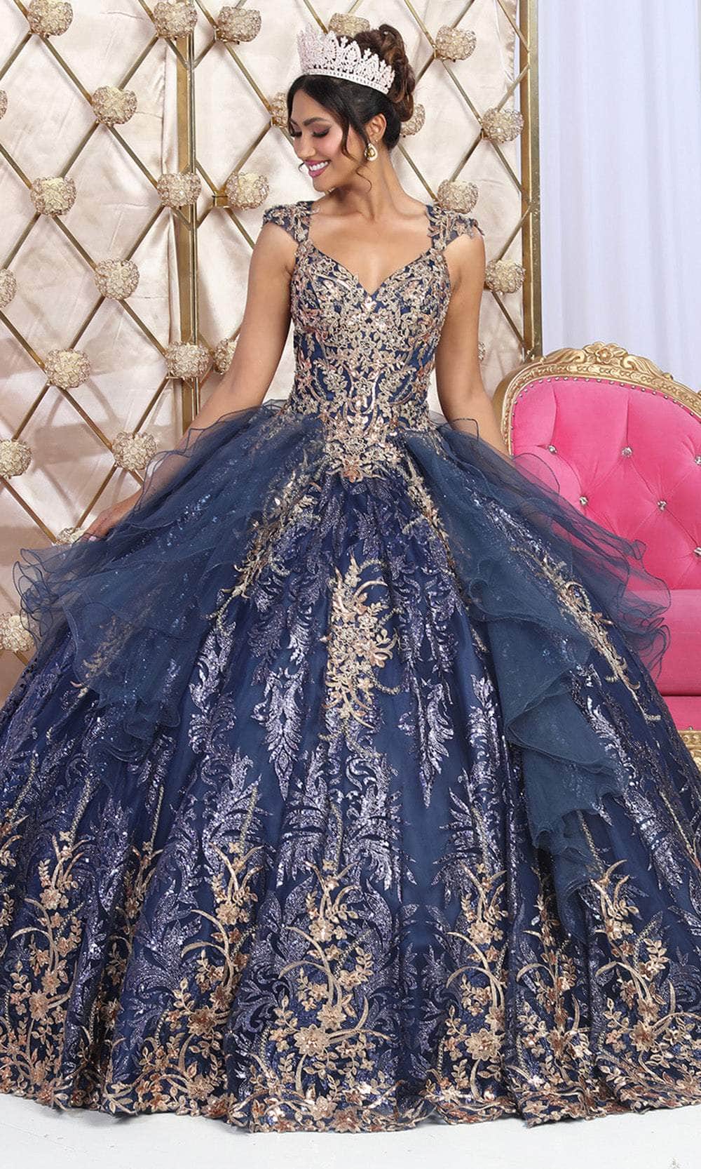 May Queen LK231 - Long Ballgown Dress - Cap Sleeves, Lace Appliques, Rhinestones, Sheer Ruffled Accents, Cutout Corset Back, Floor Length Hem ADASA May Queen LK231 - Long Ballgown Dress - Cap Sleeves, Lace Appliques, Rhinestones, Sheer Ruffled Accents, Cutout Corset Back, Floor Length Hem ADASA