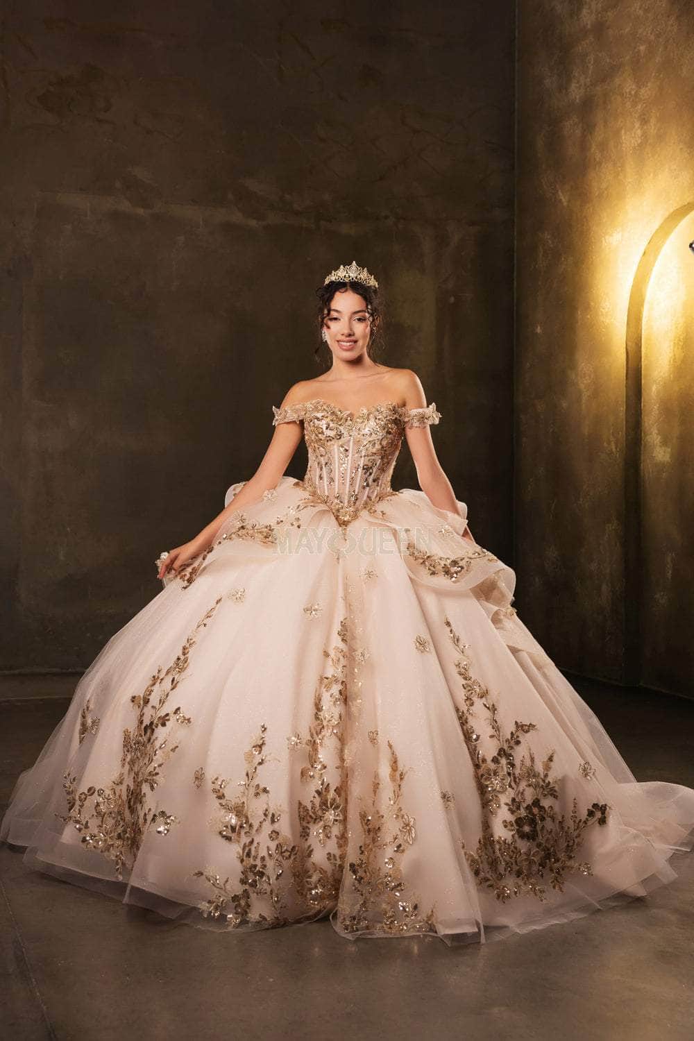 May Queen LK271 - Long Ballgown Dress - Illusion Corset Bodice, 3D Floral Appliques, Sequin Details, Lace-Up Back, Layered Skirt, Bow Accent ADASA May Queen LK271 - Long Ballgown Dress - Illusion Corset Bodice, 3D Floral Appliques, Sequin Details, Lace-Up Back, Layered Skirt, Bow Accent ADASA