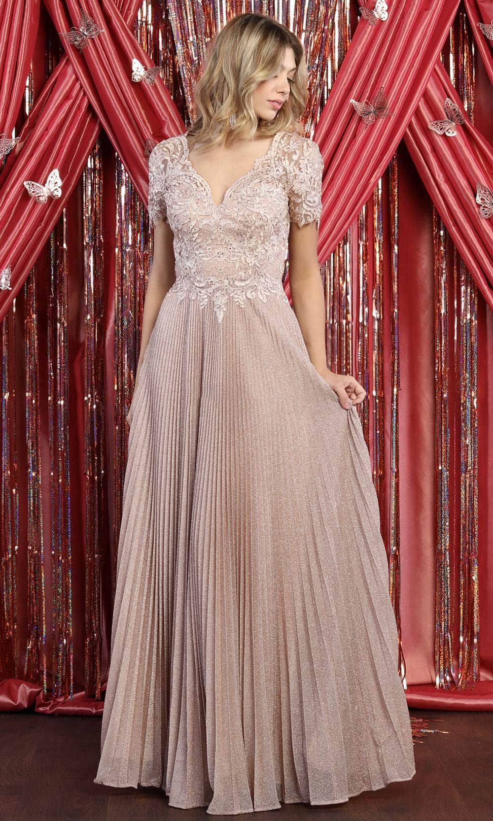 slim fit dress slacks A Line Rose Gold Pleated Bodice Ruffled Long Prom Dresses main image 1