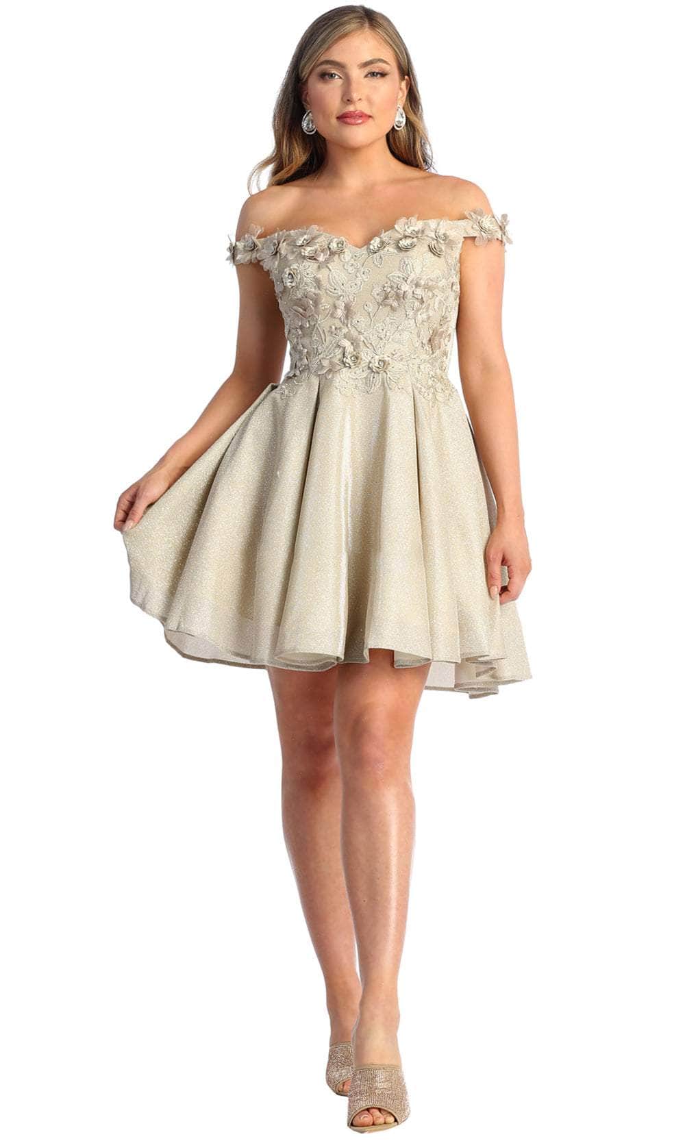 May Queen MQ1906 - Short A-Line Dress - Sweetheart, 3D Floral Appliqued, Embroidery, Beaded, Pleated, Lace-Up Back 10 / Champagne May Queen MQ1906 - Short A-Line Dress - Sweetheart, 3D Floral Appliqued, Embroidery, Beaded, Pleated, Lace-Up Back 10 / Champagne