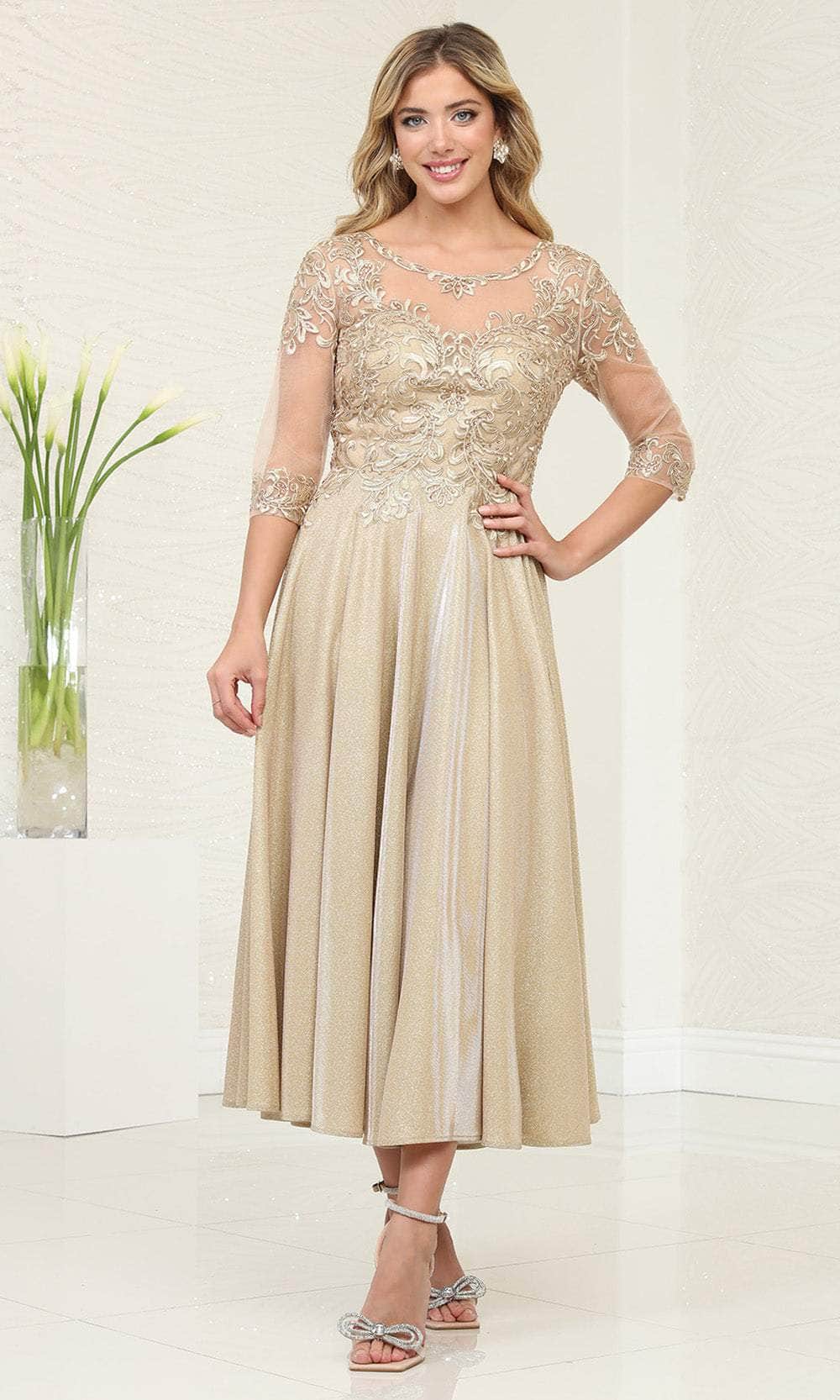 May Queen MQ2057 - Tea Length A-Line Dress - Quarter-Length Sleeve, Illusion Bodice, Swirl Embroidery, Beaded, Full Back, Back Zipper L / Sage May Queen MQ2057 - Tea Length A-Line Dress - Quarter-Length Sleeve, Illusion Bodice, Swirl Embroidery, Beaded, Full Back, Back Zipper L / Sage