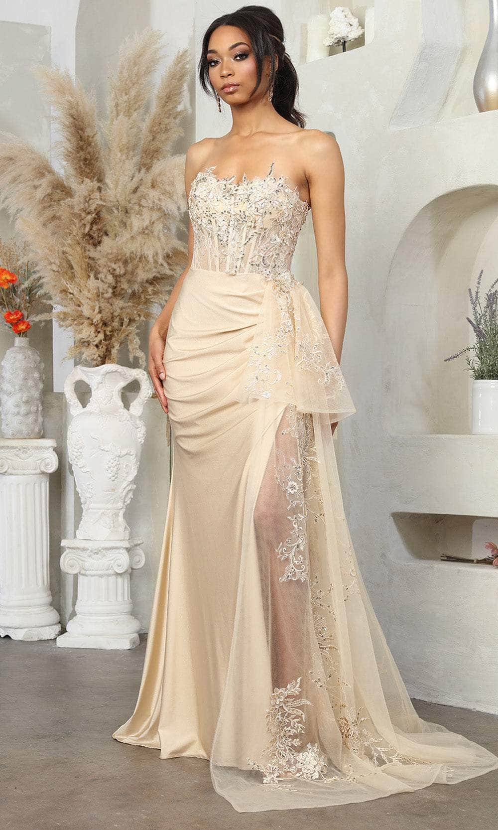 May Queen MQ2072 - Long Sheath Dress - Strapless, Sheer Corset Bodice, 3D Lace Applique, Beaded, Ruched, Side Overlay, Mid-Open Back, High Slit, Sweep May Queen MQ2072 - Long Sheath Dress - Strapless, Sheer Corset Bodice, 3D Lace Applique, Beaded, Ruched, Side Overlay, Mid-Open Back, High Slit, Sweep